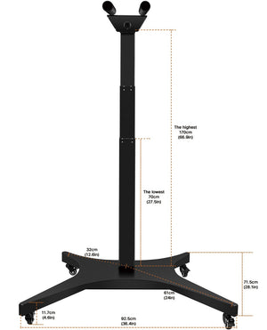 The Flow Orbit electric lift stand shown with wheels and dimensions.