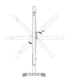 The Flow Orbit electric lift stand diagram showing the panel can move from horizontal to vertical position
