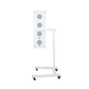 The Flow Horizon adjustable white stand with wheels showing back view of a Radiance300 panel.