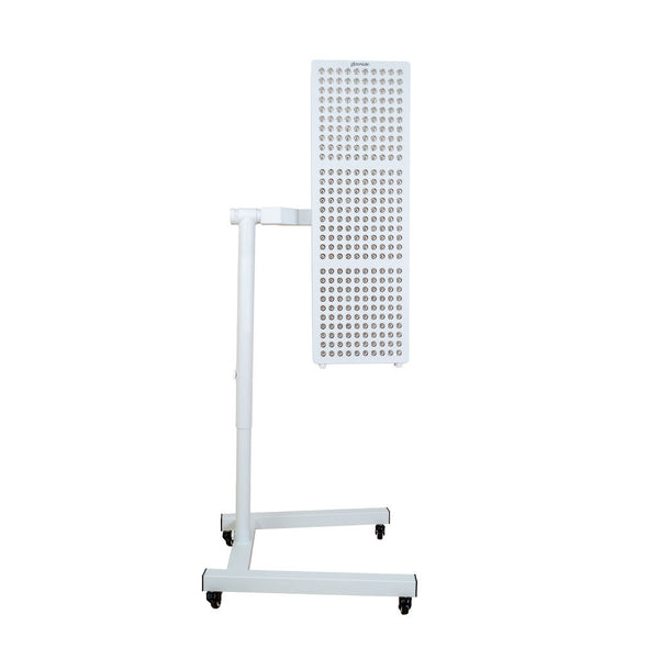 The Flow Horizon adjustable white stand with wheels front view holding a Radiance300 panel.