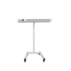 The Flow Horizon adjustable white stand with wheels holding a Radiance300 panel horizontally.