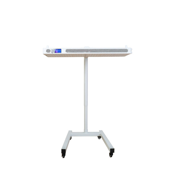 The Flow Horizon adjustable white stand with wheels holding a Radiance300 panel horizontally.