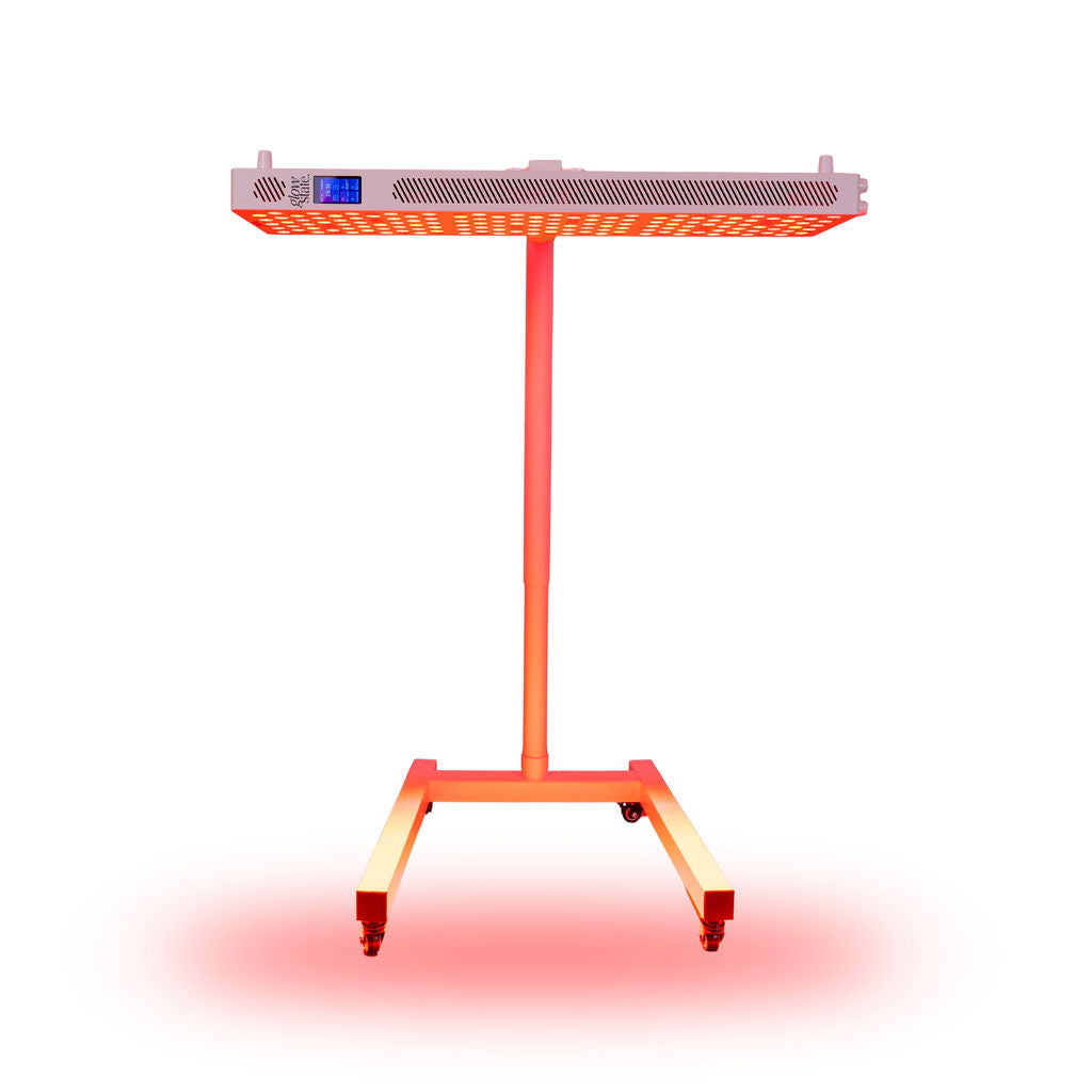 The Flow Horizon adjustable white stand with wheels holding a Radiance300 panel horizontally with the LEDs glowing.