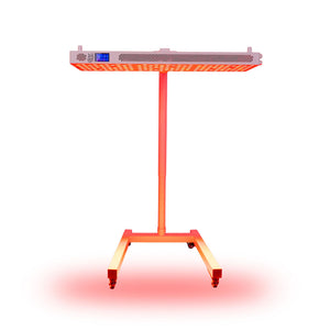 The Flow Horizon adjustable white stand with wheels holding a Radiance300 panel horizontally with the LEDs glowing.