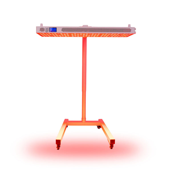 The Flow Horizon adjustable white stand with wheels holding a Radiance300 panel horizontally with the LEDs glowing.