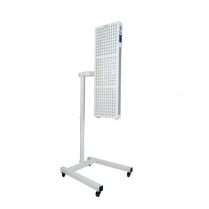 The Flow Horizon adjustable white stand with wheels side view holding a Radiance300 panel.