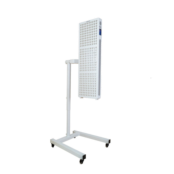 The Flow Horizon adjustable white stand with wheels side view holding a Radiance300 panel.