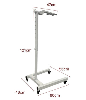 The Flow Horizon adjustable white stand shown with wheels and dimensions.