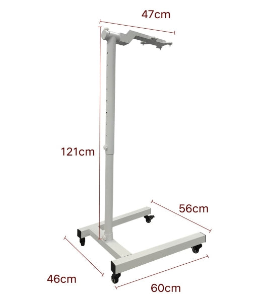 The Flow Horizon adjustable white stand shown with wheels and dimensions.