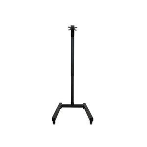 The Flow Horizon adjustable black stand with wheels front view.