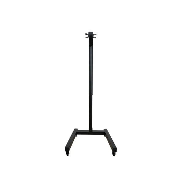 The Flow Horizon adjustable black stand with wheels front view.