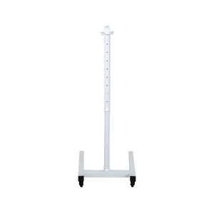 The Flow Horizon adjustable white stand with wheels back view.