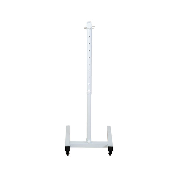 The Flow Horizon adjustable white stand with wheels back view.
