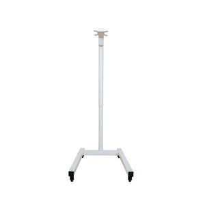 The Flow Horizon adjustable white stand with wheels front view.