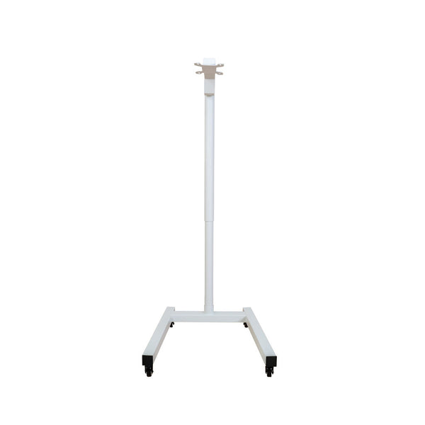 The Flow Horizon adjustable white stand with wheels front view.