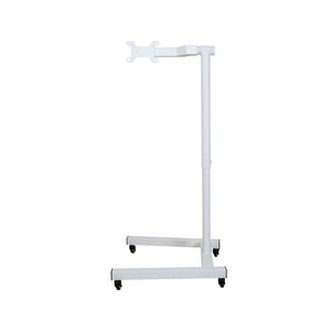 The Flow Horizon adjustable white stand with wheels side view.