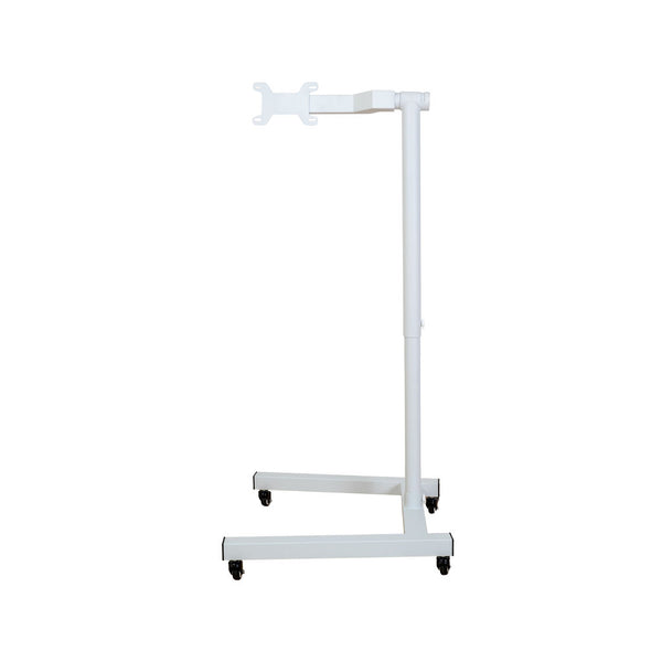 The Flow Horizon adjustable white stand with wheels side view.