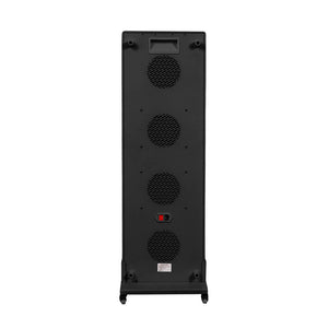 The radiance300 red light panel showing back view, fan vents, main power switch, carry handle, white frame on mobile stand