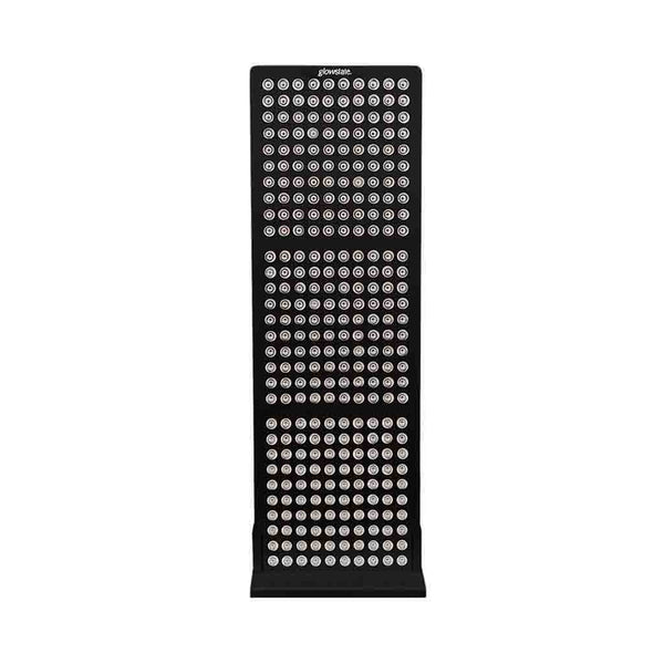 Radiance300 half body red light panel has 12 wavelengths, 300 LEDs, showing the front view, black frame, on a fixed stand.