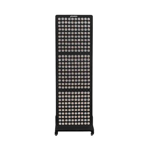 Radiance300 red light panel has 12 wavelengths, 300 LEDs, showing the front view, black frame, on a mobile stand with wheels.