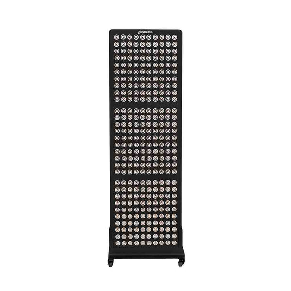 Radiance300 red light panel has 12 wavelengths, 300 LEDs, showing the front view, black frame, on a mobile stand with wheels.
