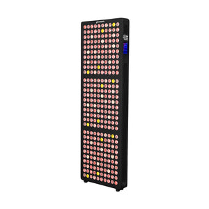 Radiance300 half body red light panel has 12 wavelengths, 300 LEDs, side view glowing LEDs, black frame.