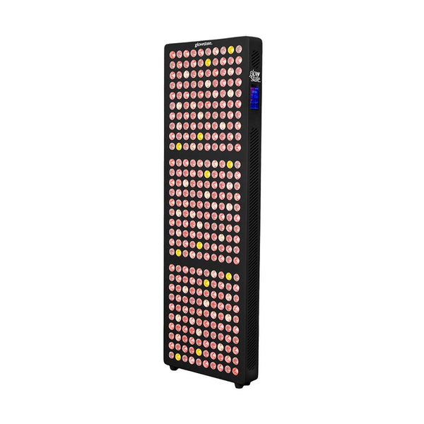 Radiance300 half body red light panel has 12 wavelengths, 300 LEDs, side view glowing LEDs, black frame.