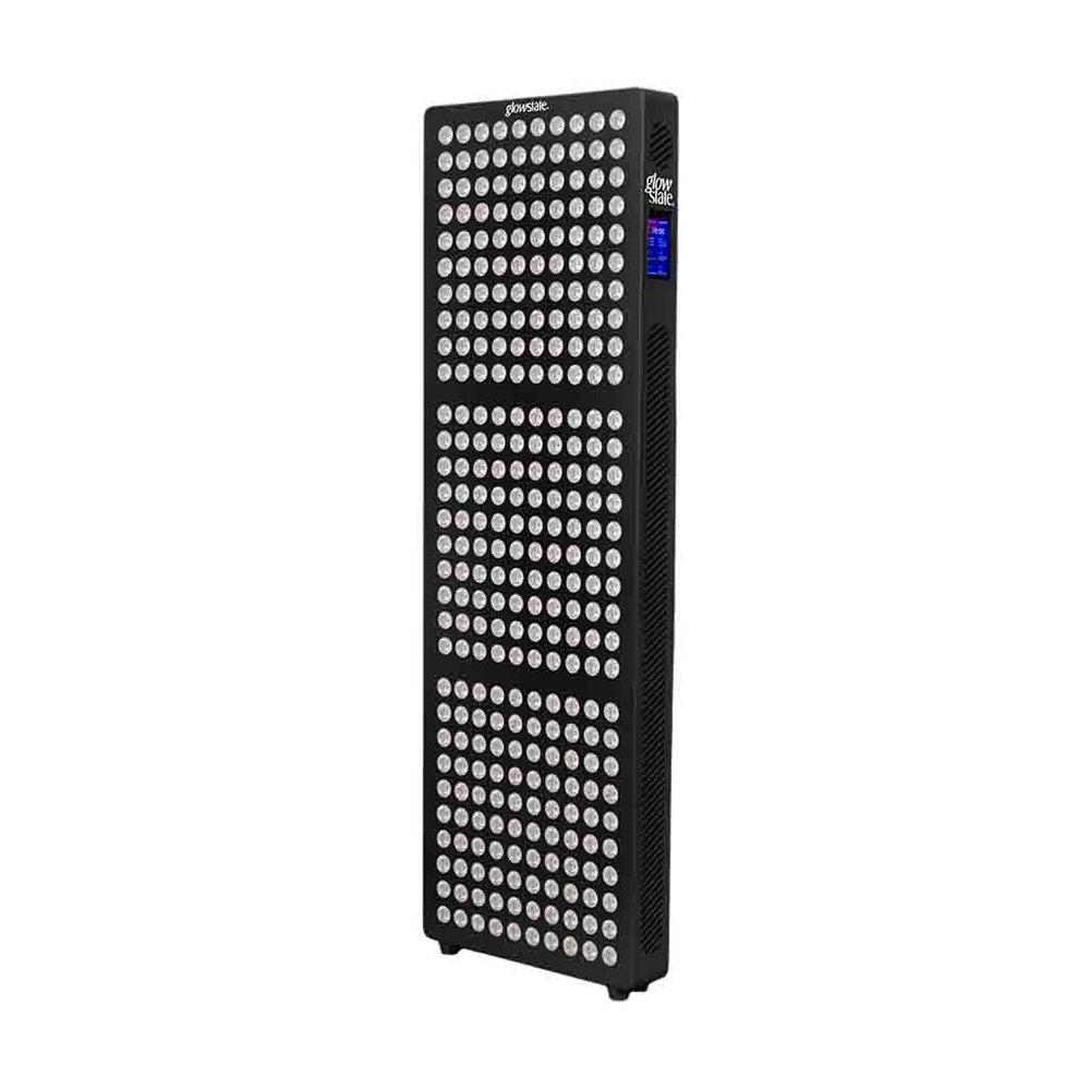 Radiance300 half body red light panel has 12 wavelengths, 300 LEDs, three quarter side view, black frame without stand.
