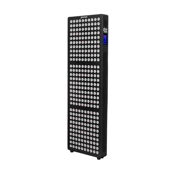Radiance300 half body red light panel has 12 wavelengths, 300 LEDs, three quarter side view, black frame without stand.