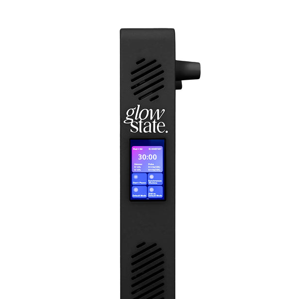The Radiance300 half body red light panel with black frame showing the close up of the touchscreen control panel