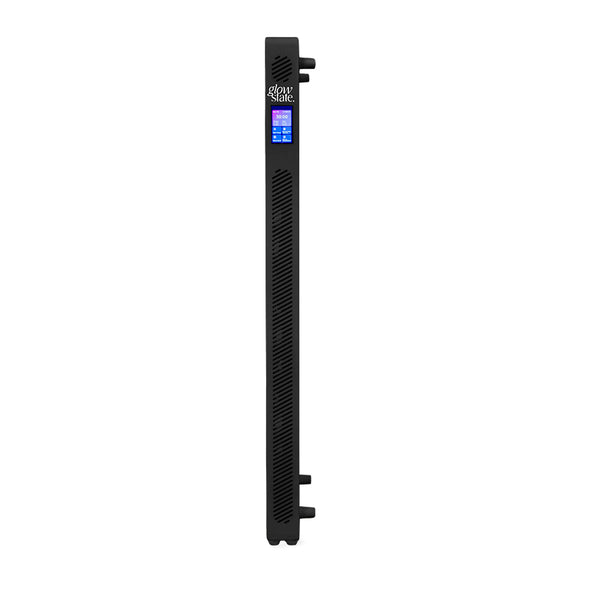 The Radiance300 half body red light panel with black frame full side view, including the control panel.
