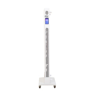 The Radiance300 red light panel with white frame full side view, including the control panel, shown on a mobile stand