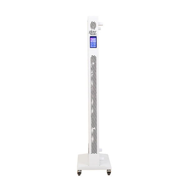 The Radiance300 red light panel with white frame full side view, including the control panel, shown on a mobile stand