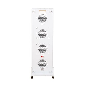 The radiance300 red light panel showing back view, fan vents, main power switch, carry handle, white frame on mobile stand