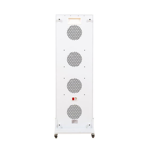 The radiance300 red light panel showing back view, fan vents, main power switch, carry handle, white frame on mobile stand