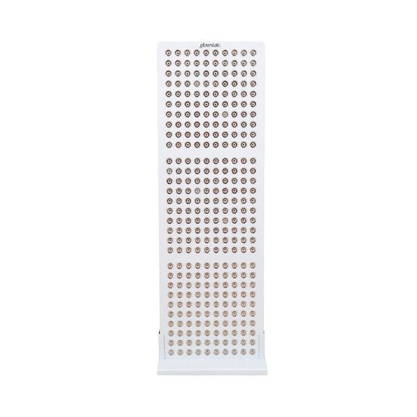 Radiance300 half body red light panel has 12 wavelengths, 300 LEDs, showing the front view, white frame, on a fixed stand.