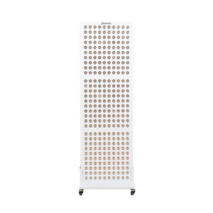 Radiance300 red light panel has 12 wavelengths, 300 LEDs, showing the front view, white frame, on a mobile stand with wheels.