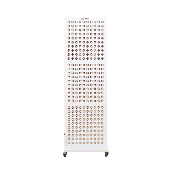 Radiance300 red light panel has 12 wavelengths, 300 LEDs, showing the front view, white frame, on a mobile stand with wheels.