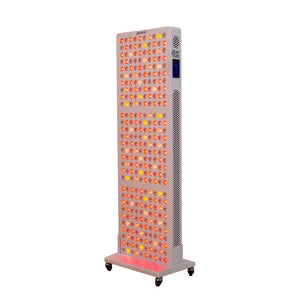 Radiance300 red light panel has 12 wavelengths, 300 LEDs, full side view glowing LEDs, white frame on stand with wheels.