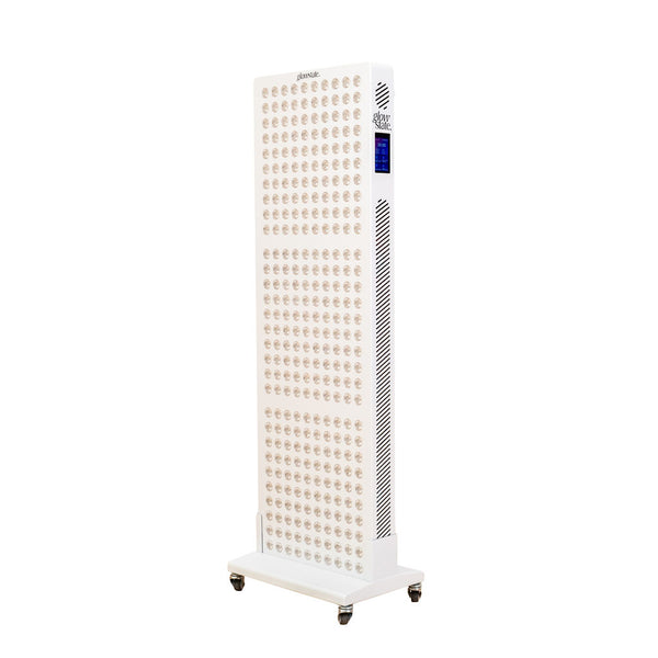 Radiance300 red light panel has 12 wavelengths, 300 LEDs, three quarter side view, white frame on mobile stand with wheels.