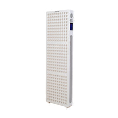 Radiance300 half body red light panel has 12 wavelengths, 300 LEDs, three quarter side view, white frame without stand.