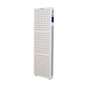 Radiance300 half body red light panel has 12 wavelengths, 300 LEDs, three quarter side view, white frame without stand.