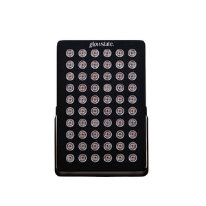 The Radiance60 red light panel has 12 wavelengths, 60 LEDs, showing the front view, black frame, flexi stand, desktop sized.