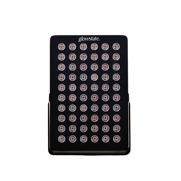 The Radiance60 red light panel has 12 wavelengths, 60 LEDs, showing the front view, black frame, flexi stand, desktop sized.