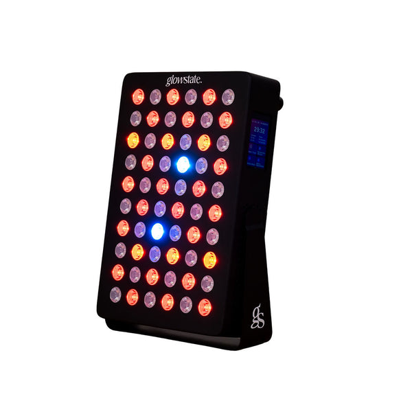 The Radiance60 red light panel has 12 wavelengths, touchscreen control with 60 LEDs glowing, black frame and desktop sized.