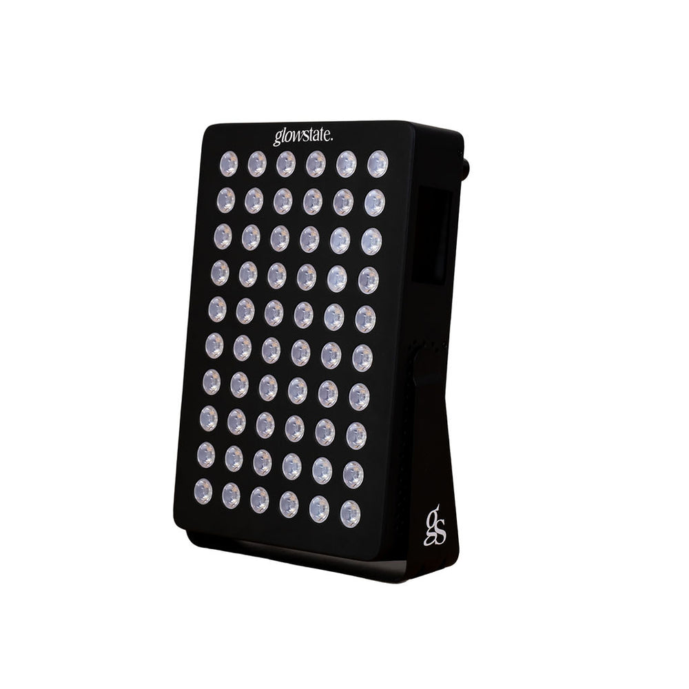 The Radiance60 red light panel has 12 wavelengths, touchscreen control with 60 LEDs, black frame, flexi stand, desktop sized.