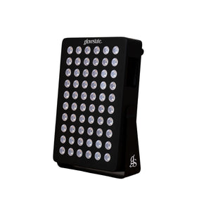 The Radiance60 red light panel has 12 wavelengths, touchscreen control with 60 LEDs, black frame, flexi stand, desktop sized.
