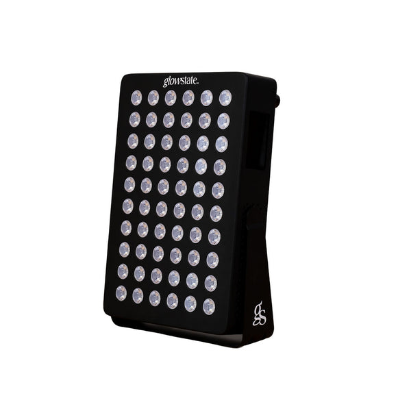 The Radiance60 red light panel has 12 wavelengths, touchscreen control with 60 LEDs, black frame, flexi stand, desktop sized.