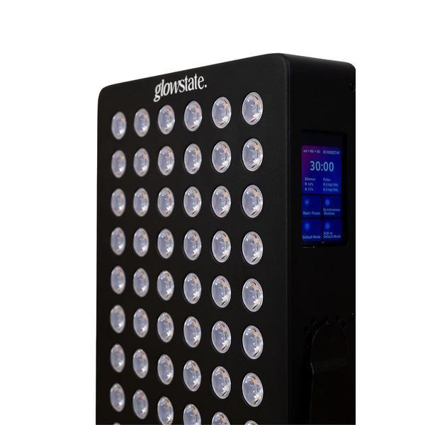 The Radiance60 red light panel with black frame showing the close up of the touchscreen control panel