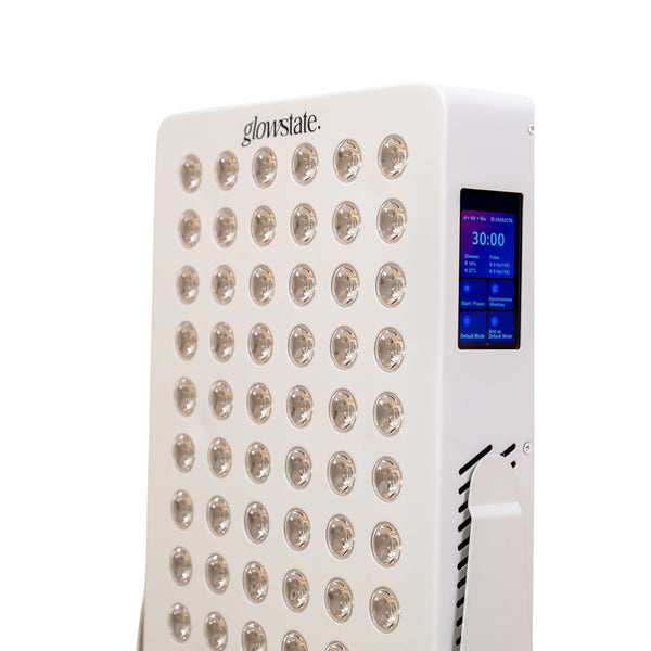 The Radiance60 red light panel with white frame showing the close up of the touchscreen control panel